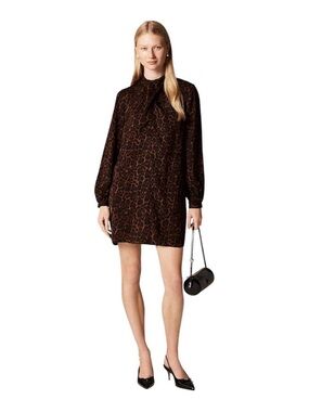 J. Crew Brown and Black Long-Sleeve Printed Shift Dress